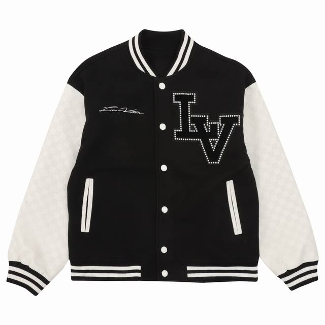 Louis Vuitton Rhinestone Logo Patchwork Baseball Jacket Warm Reminder: Hand wash