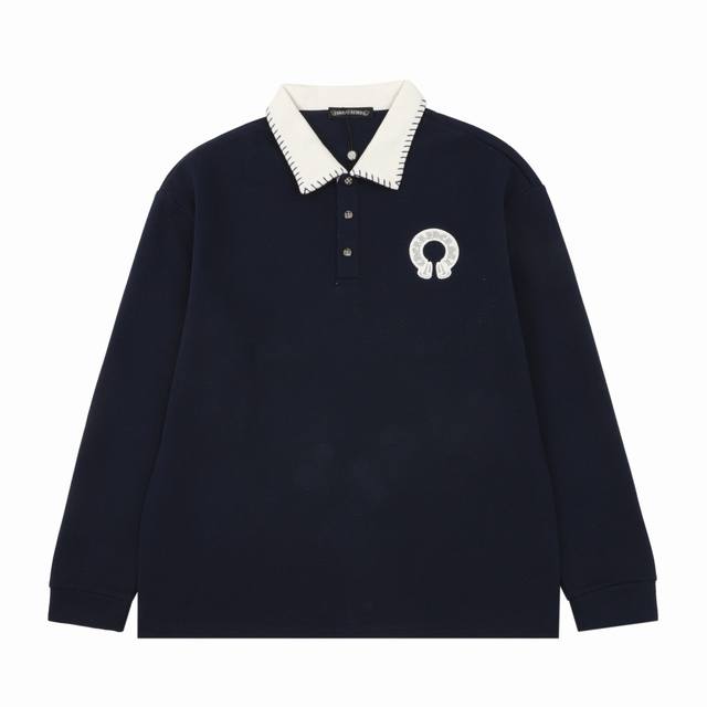 Ch Chrome Hearts Horseshoe Embroidered Collar Long-Sleeve Polo Shirt Size: SL