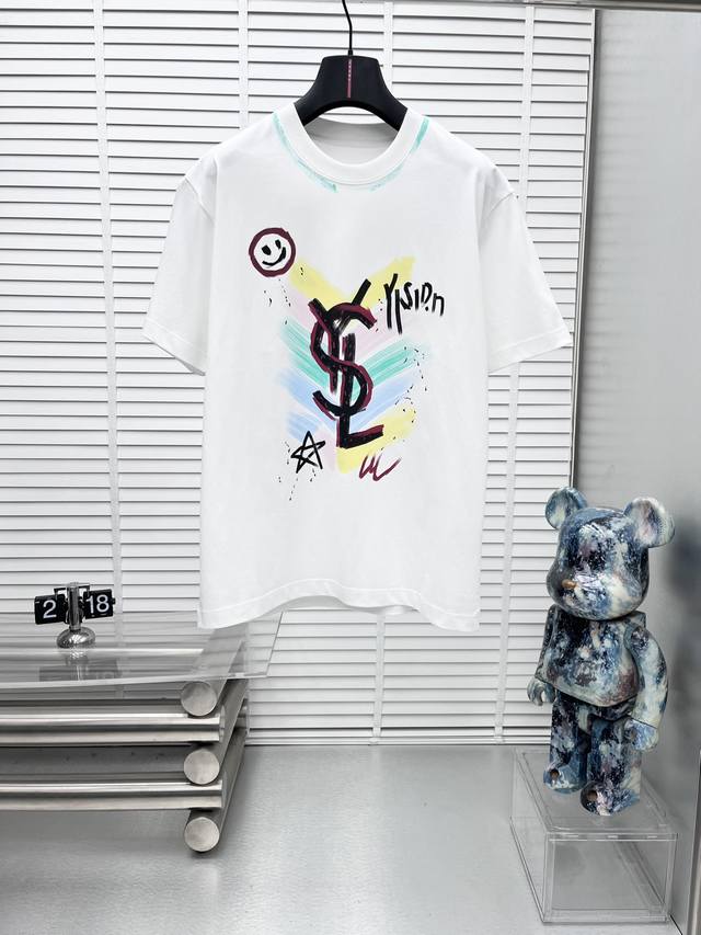 YSL*25Ss New Short-Sleeve Shirt, High-Quality Version with Heavy-Duty Print of C