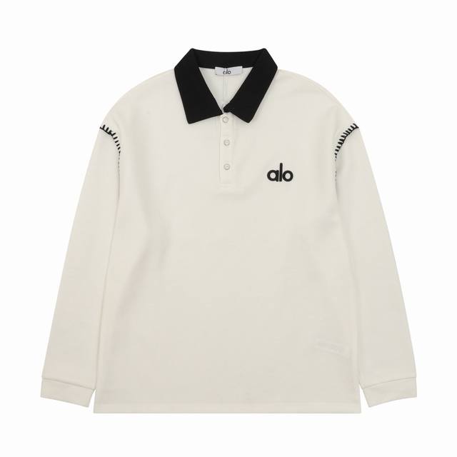 Alo Letter Embroidery Lapel Long Sleeve Polo Shirt Size: SL