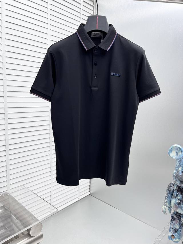 Hermes* 25Ss New Casual Business Short-Sleeve T-Shirt with Lapel Collar. Made wi