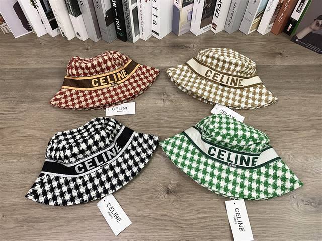 9932##Celine Small Check Bucket Hat, Casual, Versatile, Outdoor Sun Hat, Bucket