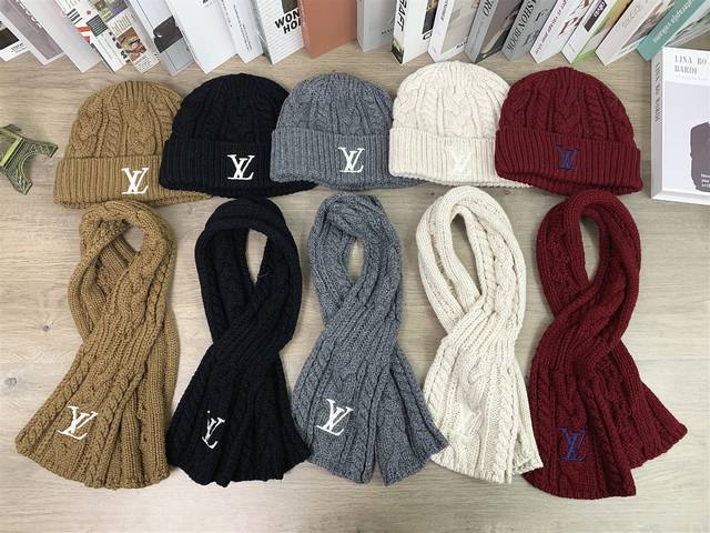 9879# #LV Knitted Hat and Scarf 2-Piece Set for Autumn and Winter, Unisex Knitte