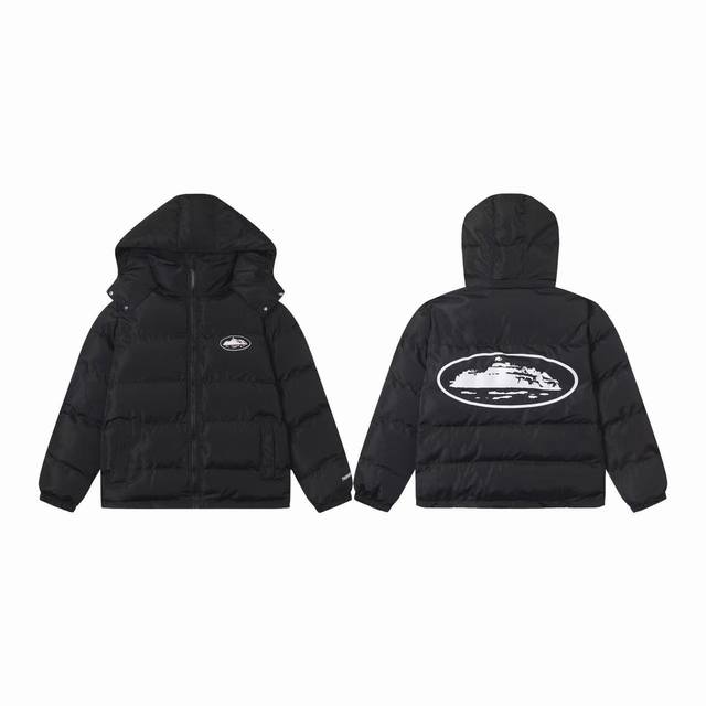 C310# Corteiz American Alcatraz New Hooded Printed Down Jacket Black S-XL