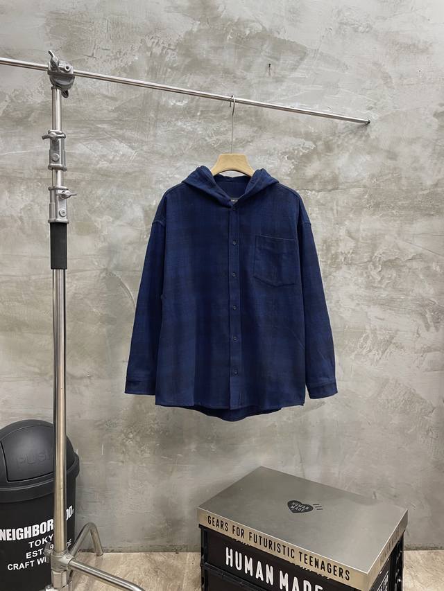 Style No. #S597 Balenciaga Blcg 24Ss Navy Blue Brushed Plaid Flannel Hooded Shi