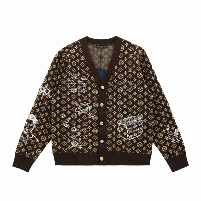 V Fw New Monogram Embroidered Graffiti Floral Wool Knit Cardigan Sweater. This k