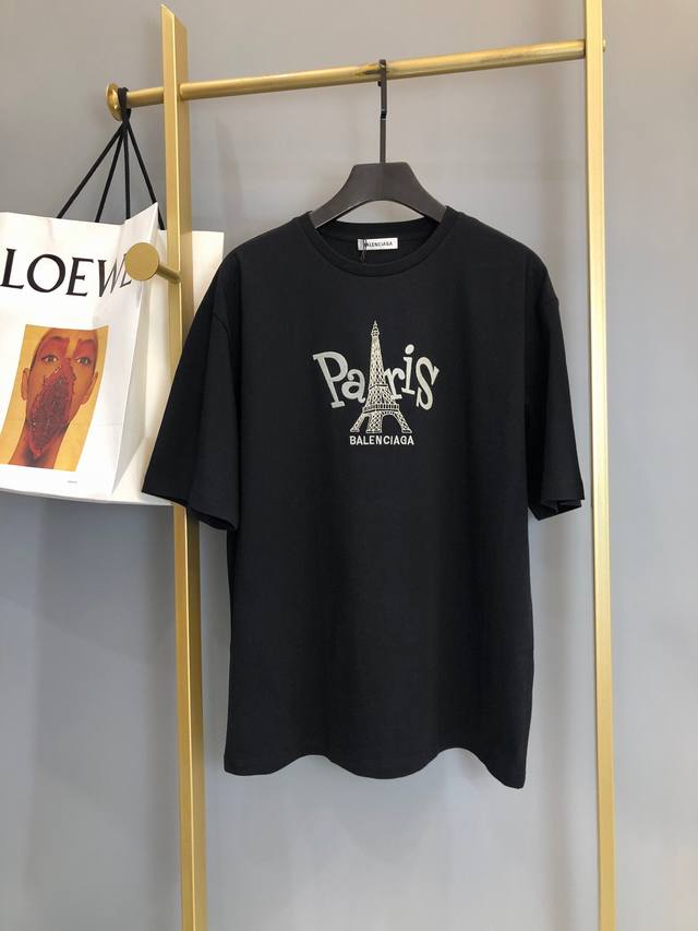 B*Alenciaga Limited Edition Crew Neck Short-Sleeve T-Shirt with Eiffel Tower Emb