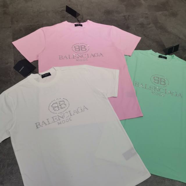 Balenciaga New Heavy-Duty Rhinestone Double B Short-Sleeve T-Shirt, Rhinestone B