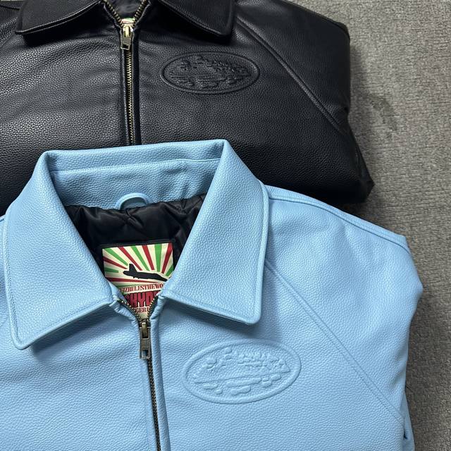 882#Heavyweight Leather Jacket Black Sky Blue SML XL