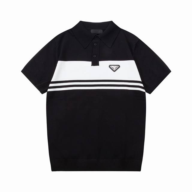Prada color-blocked metallic triangle logo knit polo shirt (upgraded), inspired