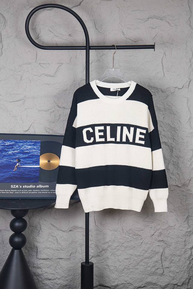 Style No.: M254 Celine Black and White Striped Letter Crew Neck Sweater. Made o