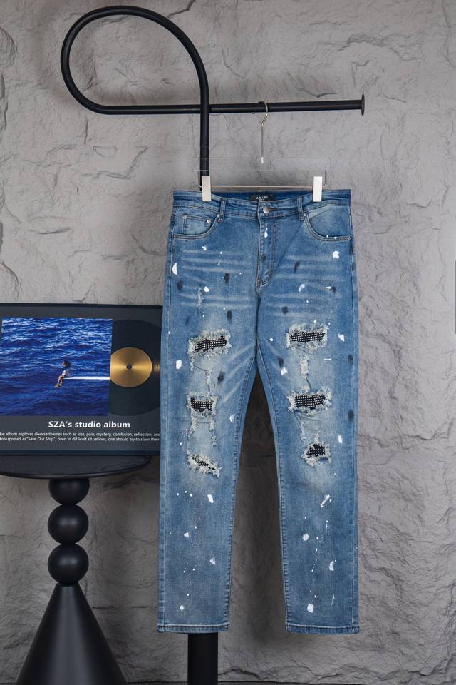 Style Number: M184 Top-Tier Heavyweight Amiri Ripped Splatter Patches Jeans Hig
