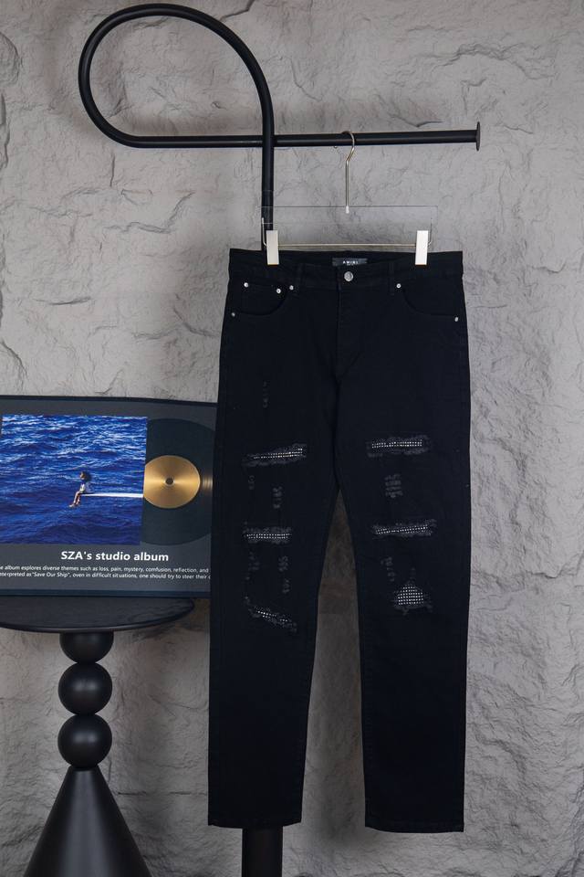 Style No.: M183 Top-tier Amiri Black Ripped Rhinestone High Street Jeans! Amiri