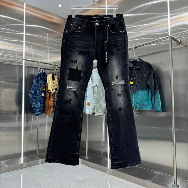 purple Brand Ripped Street Style Flare Stretch Jeans, Black, Sizes 30, 32, 34, 3