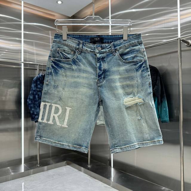 Amiri Ripped Letter Embroidery Street Style Denim Shorts, Blue, Sizes 30, 32, 34