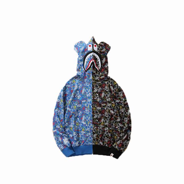 New Arrival! High-Quality Bape Collaboration Black and Blue Color-Blocked Hoodi