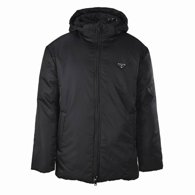 Prada PRD Triangle Logo Nylon Reversible Hooded Down Jacket Re-Nylon Short Down