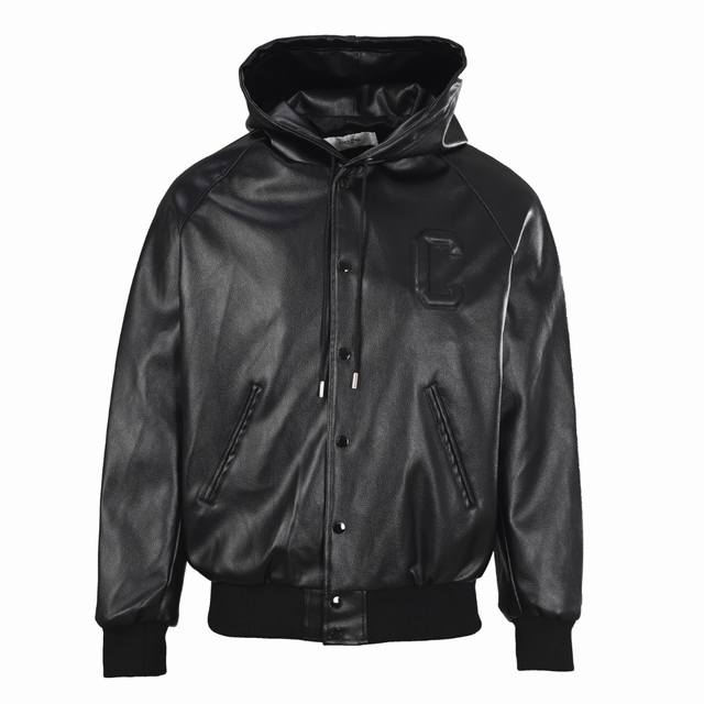 Celine Ce C logo leather hooded jacket. Custom-made textured leather, laser 3D c