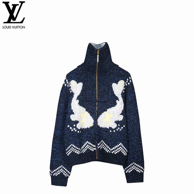Louis Vuitton 25Ss Koi and Cherry Blossom Knit Zip-Up Jacket This belted jacket