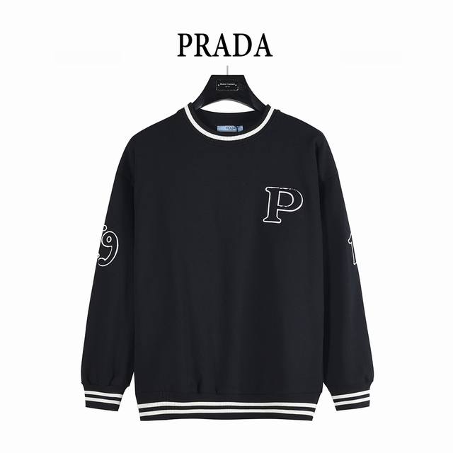 Prada 25Fw Color-Blocked Ribbed Applique Embroidered Crew Neck Sweatshirt. This