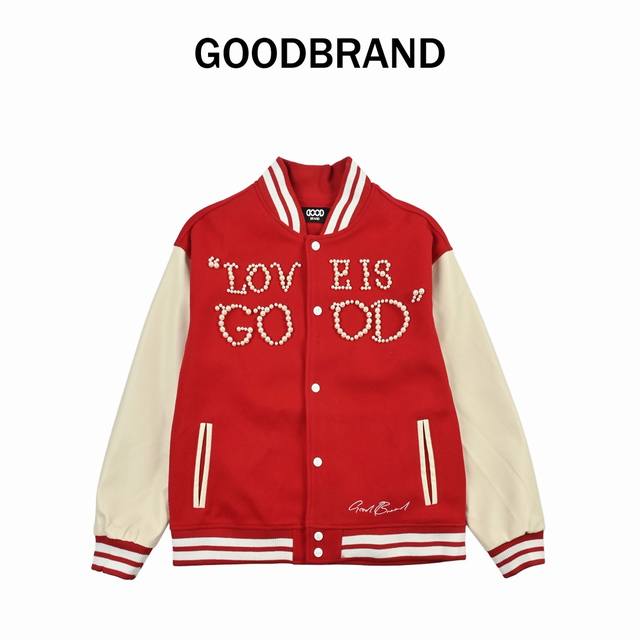 Goodbrand Love Is Good Classic Pearl Slogan Color Block Baseball Jacket, Unisex.