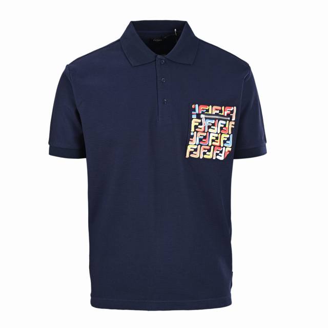 Fendi Fd Ff Embroidered Pocket Zipper Short-Sleeve Polo Shirt Original G 100% Co