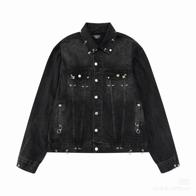 Balenciaga Paris Studded Iron Plate Buckle Washed Denim Jacket Denim Fabric Let