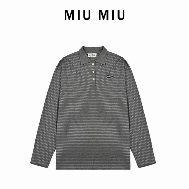 Miumiu25Ss Striped Polo Shirt with Label, Long Sleeve T-Shirt, 210g Custom-woven