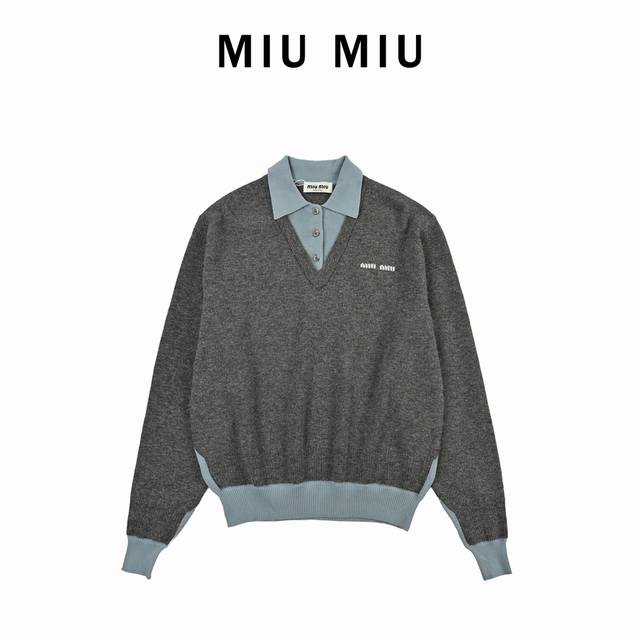 Miumiu Jacquard Logo Faux Two-Piece Cashmere Knit Polo Long-Sleeve ( ) The faux