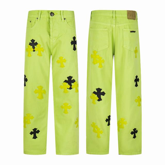 Chrome Hearts Dopamine Green Denim Patchwork Black and Yellow Leather Couple Je