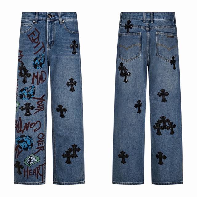 Chrome Hearts Printed Patchwork Black Leather Classic Washed Jeans. Authentic V