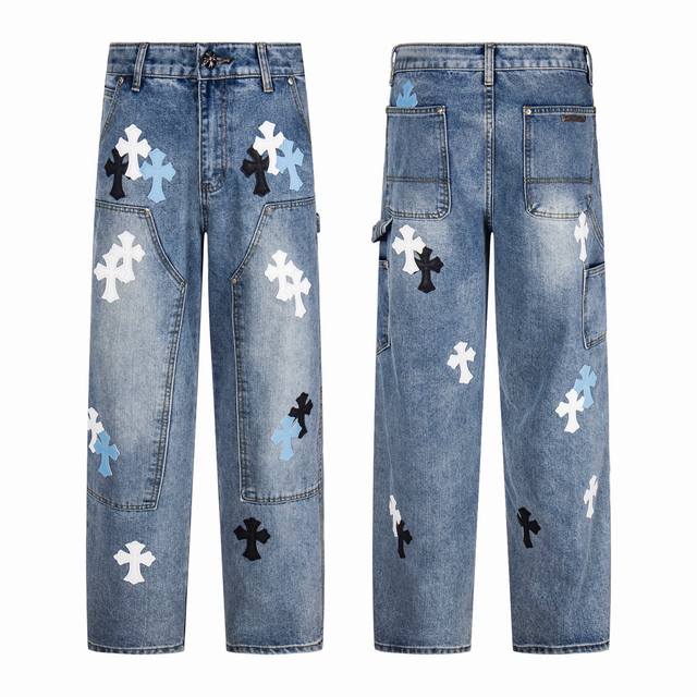 Ch Chrome Hearts Blue Logging White Leather Patchwork Jeans Ch These jeans are a