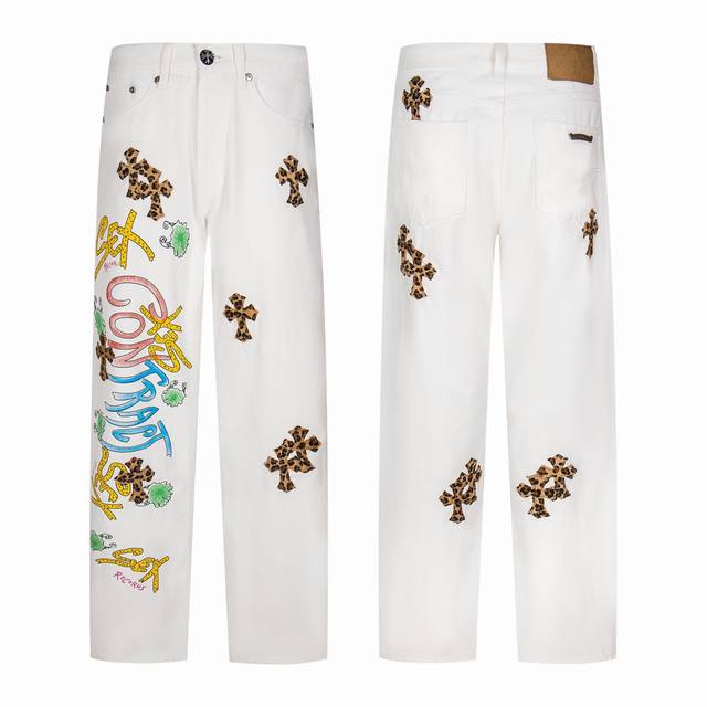 Chrome Hearts White Leopard Print Vintage Graffiti High Street Jeans The most ey