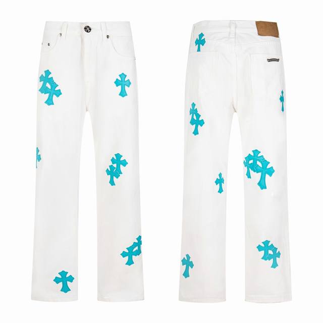 High-quality, high-volume Chrome Hearts white jeans in green leather, a popular