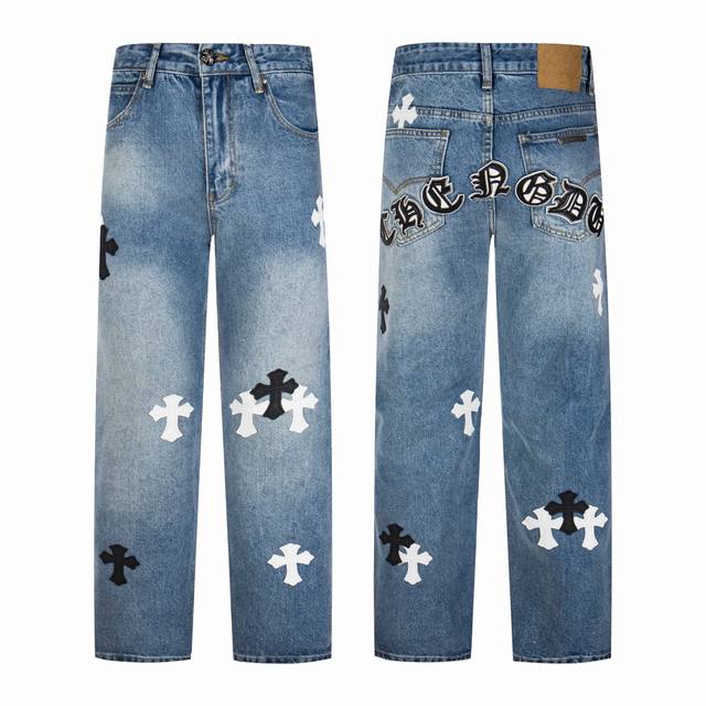 Chrome Hearts Light Blue Jeans with Sanskrit Black and White Leather Patchwork.