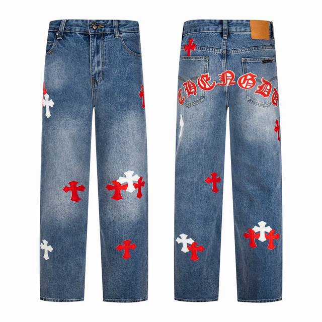 Chrome Hearts light blue jeans with Sanskrit red and white patchwork leather. T