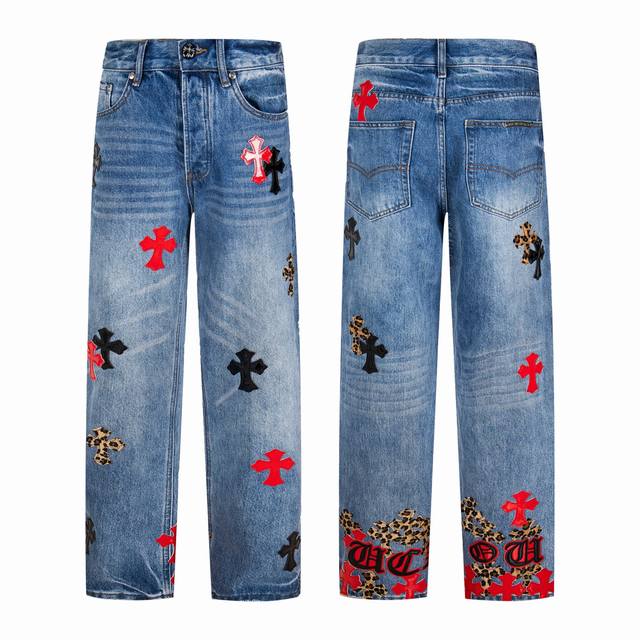 High-quality Chrome Hearts blue jeans with red and black leopard print. These j