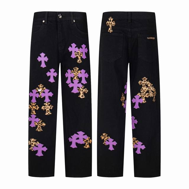 Chrome Hearts Black Jeans with a Stunning Purple Leopard Print - These trendy j