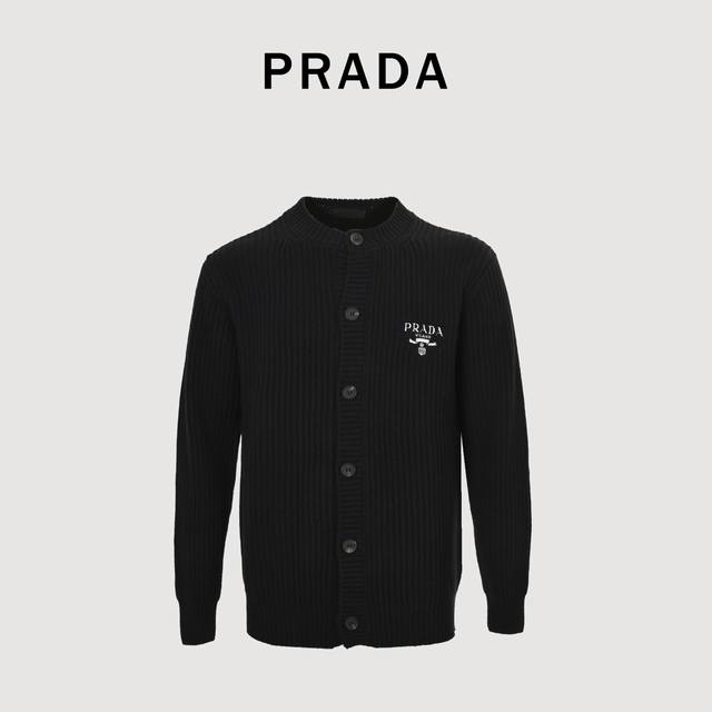 Prada inverted triangle badge embroidered knitted sweater cardigan. The entire