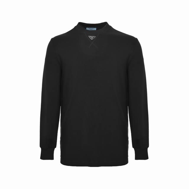 Prada long-sleeved T-shirt with hand-stitched triangle logo at the neckline. Cu