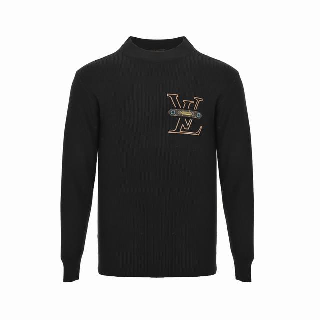 Louis Vuitton Crew Neck Sweater with Monogram Leather Tag on Chest. This new LV