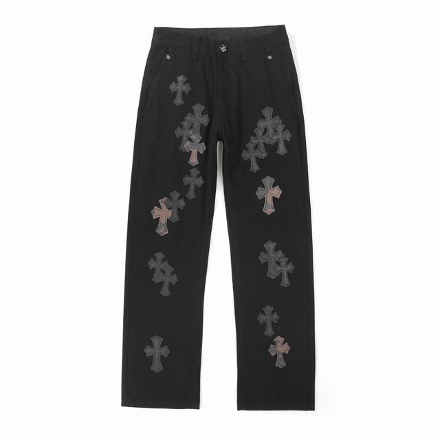 High-quality Chrome Hearts overlapping leather label cross-stitch jeans, unisex