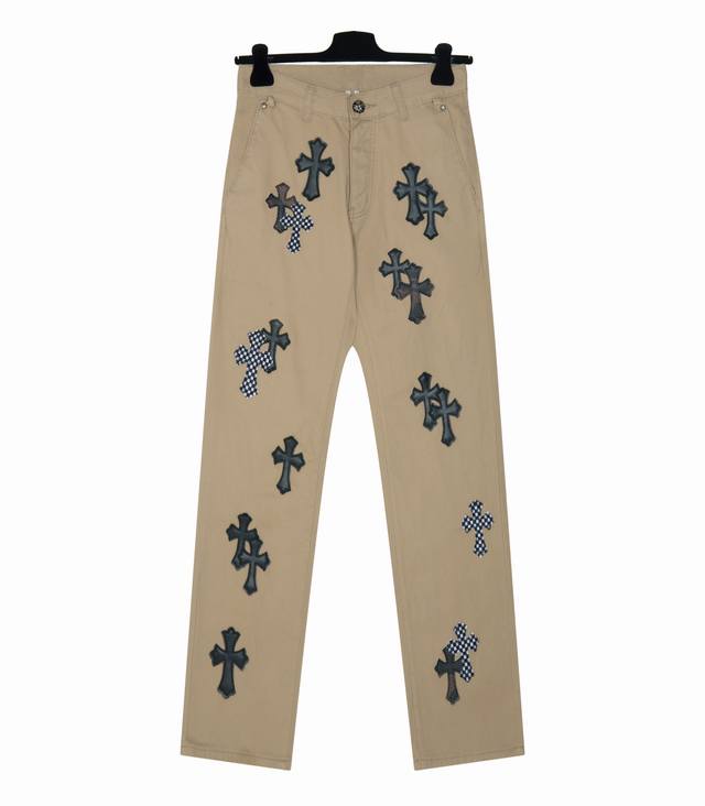 High-quality Chrome Hearts khaki leather-label cross-stitch jeans, unisex. All