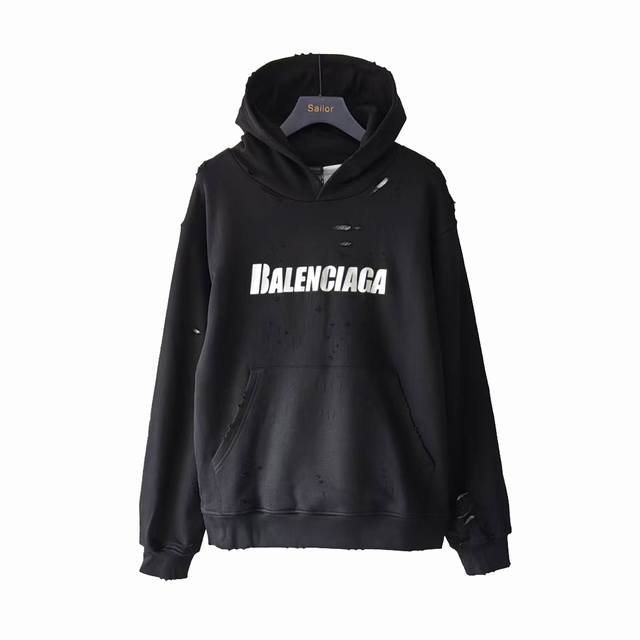 Real shot details + size chart Balenciaga Washed Distressed Logo Tear Hooded Swe
