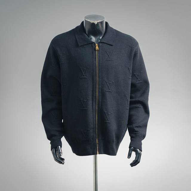 Louis Vuitton Embossed Lapel Knit Zipper Jacket, Black ( ). Original version pur