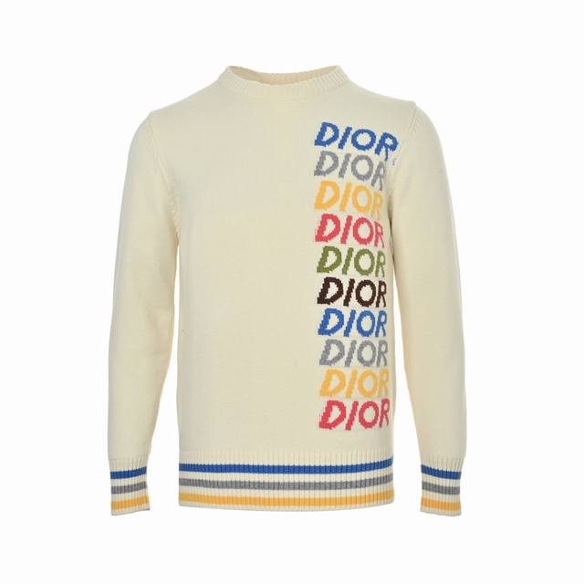 Dior 25Fw Multicolor Logo Jacquard Striped Crew Neck Sweater Color: Apricot Size