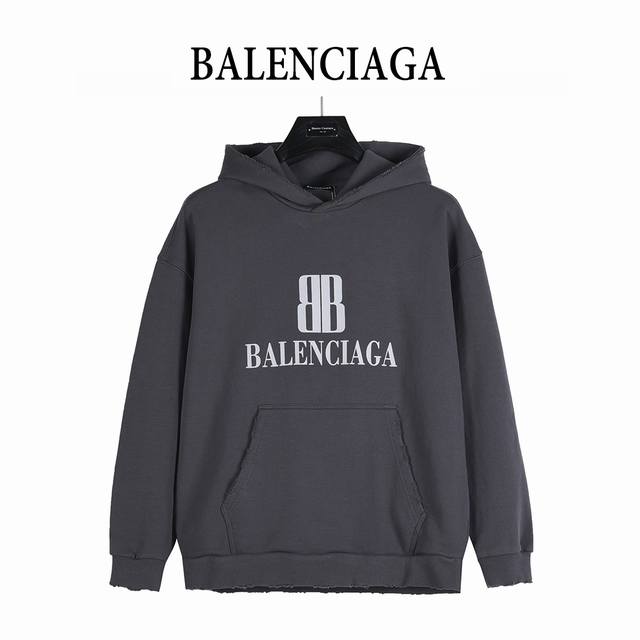 Balenciaga 25Fw Double B Logo Print Ripped Hoodie Nano Bb Cropped Hoodie Faded B