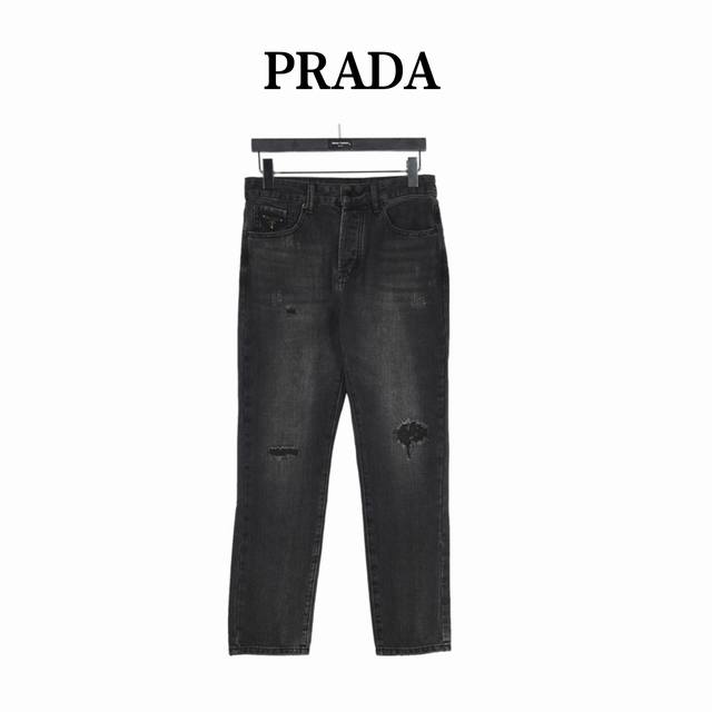 Prada 23Fw Triangle Logo Embroidered Washed Jeans This year's latest jeans styl