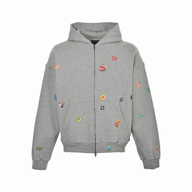 Balenciaga 25Fw Fruit Sticker Print Zip-Up Hooded Jacket. Made of Paris Zp custo