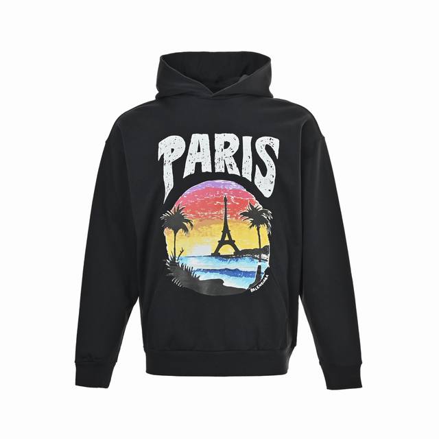 Balenciaga 25Fw Hawaiian Sunset Coconut Palm and Eiffel Tower Hooded Sweatshirt